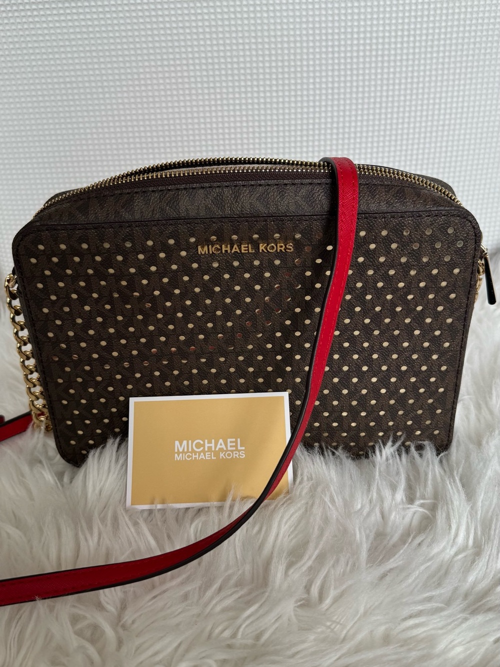 Michael Kors Brown Crossbody with Red Strap and Gold Studs